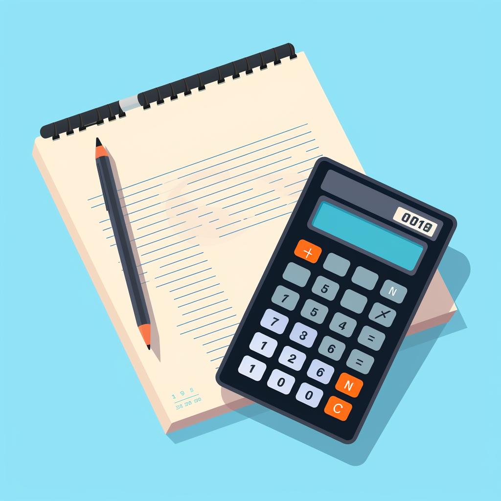 Calculator, blueprint, and a list of estimated costs on a table.